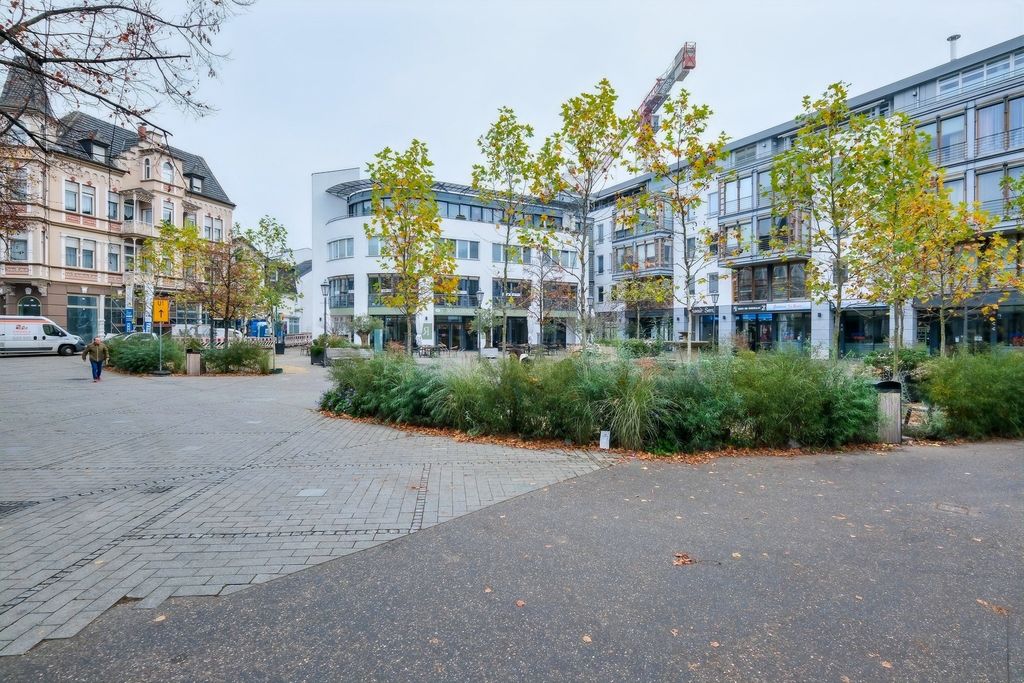 Urbaner Platz mit Bäumen, Sträuchern und modernen sowie älteren Gebäuden im Hintergrund.