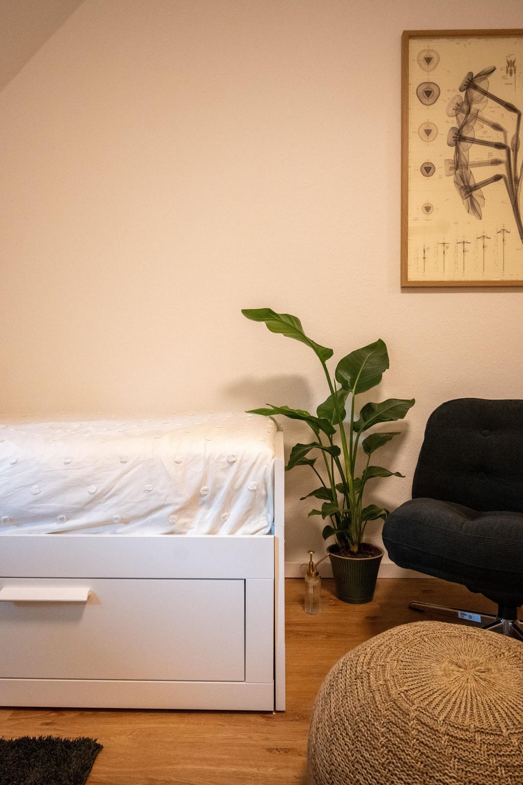 Ein minimalistisches Schlafzimmer mit einem weißen Bett mit Baumwollbettwäsche, einer grünen Pflanze in einem Topf neben einem schwarzen Bürostuhl und einem Leinenhocker auf einem Holzboden vor einer cremefarbenen Wand.