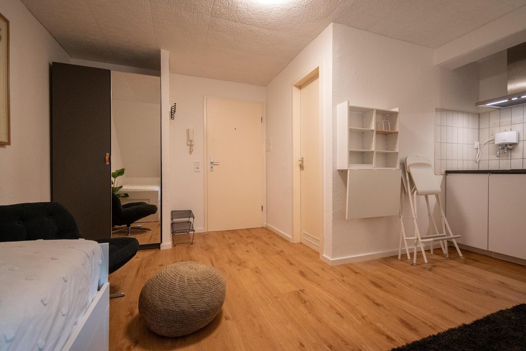 Blick auf den Eingang und einen kleinen Wohnbereich mit Holzfußboden, einem grauen Sofa und einer Garderobe mit Spiegel in einer hellen Wohnung.