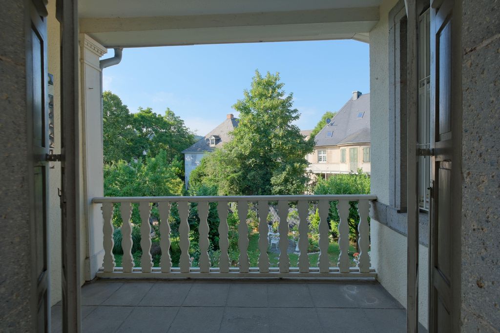 Blick durch eine offene Tür auf einen Balkon mit weißem Geländer und dahinter einen Garten mit Bäumen und Häusern im Hintergrund bei klarem Himmel.