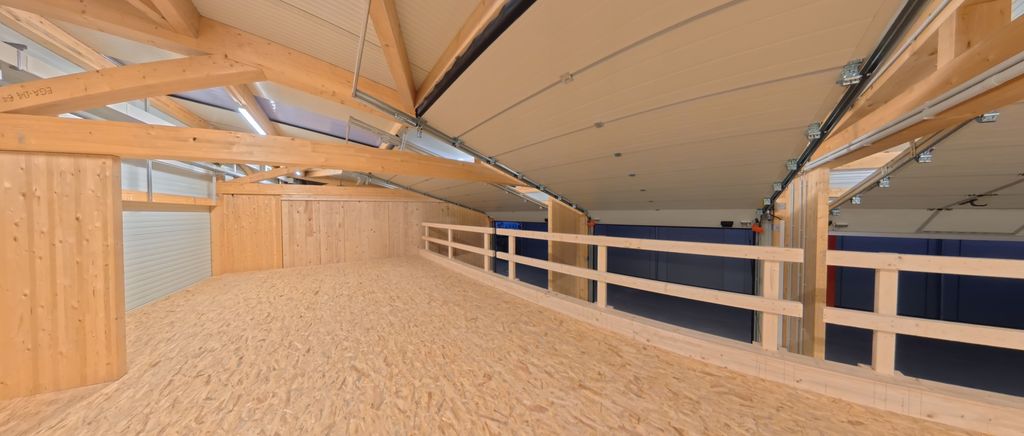 Innenansicht eines Dachbodens mit Holzkonstruktion und Geländer, der Boden besteht aus OSB-Platten.