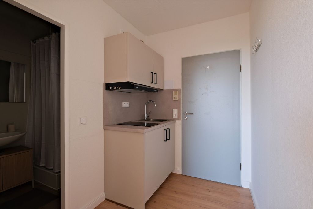 Kleine Küchenzeile mit Spüle, Ober- und Unterschränken sowie grauer Tür in einem Raum mit Holzboden und weiß gestrichenen Wänden.